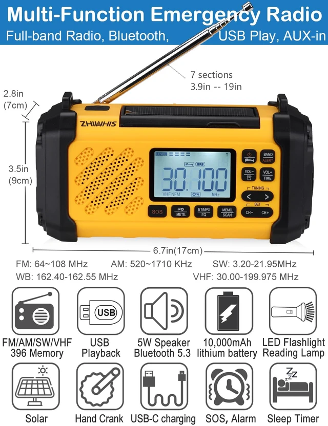 Alt view image 2 of 7 - Emergency Radio with Bluetooth, FM/AM/SW/VHF/NOAA Weather Radios with Alerts, Hand Crank/Solar/SOS/Flashligh/6 EQ/Timer/USB Player with Preset for Emergencies ZWS-2415