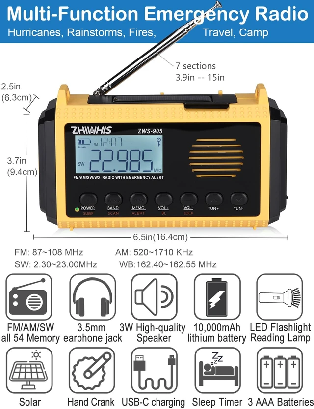 Alt view image 2 of 7 - Emergency Radio with Auto NOAA Alerts, 10000mAh AM FM SW Weather Radios, Hand Crank/Solar/SOS/Flashligh/Reading Lamp/Timer Portable Receiver with Preset, for Emergencies ZWS-905