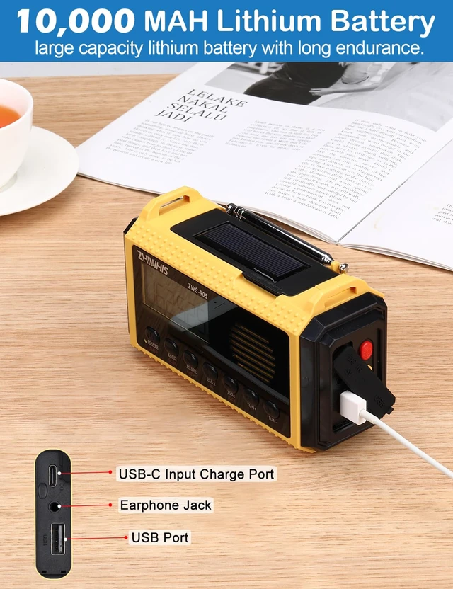 Alt view image 4 of 7 - Emergency Radio with Auto NOAA Alerts, 10000mAh AM FM SW Weather Radios, Hand Crank/Solar/SOS/Flashligh/Reading Lamp/Timer Portable Receiver with Preset, for Emergencies ZWS-905