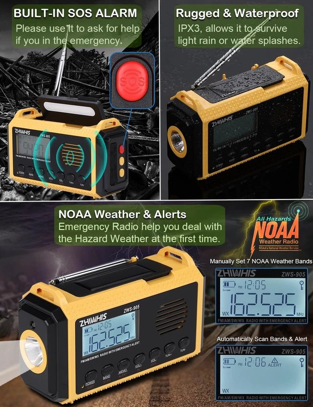 Alt view image 5 of 7 - Emergency Radio with Auto NOAA Alerts, 10000mAh AM FM SW Weather Radios, Hand Crank/Solar/SOS/Flashligh/Reading Lamp/Timer Portable Receiver with Preset, for Emergencies ZWS-905