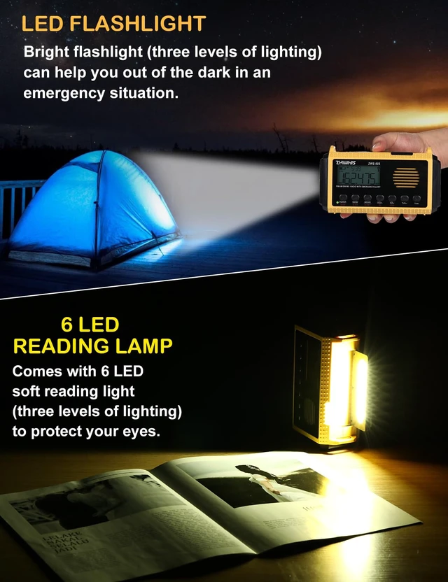 Alt view image 6 of 7 - Emergency Radio with Auto NOAA Alerts, 10000mAh AM FM SW Weather Radios, Hand Crank/Solar/SOS/Flashligh/Reading Lamp/Timer Portable Receiver with Preset, for Emergencies ZWS-905