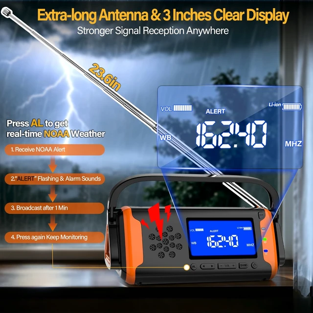 Alt view image 2 of 7 - NOAA Weather Alert Radio Digital Display, Emergency Radio Better Reception | 4000mAh Solar Crank Battery Powered Radio, AUX Input, SOS Alarm, Reading Light & Flashlight for Emergency Preparedness Kit