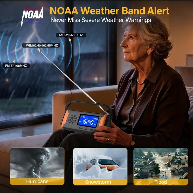 Alt view image 3 of 7 - NOAA Weather Alert Radio Digital Display, Emergency Radio Better Reception | 4000mAh Solar Crank Battery Powered Radio, AUX Input, SOS Alarm, Reading Light & Flashlight for Emergency Preparedness Kit
