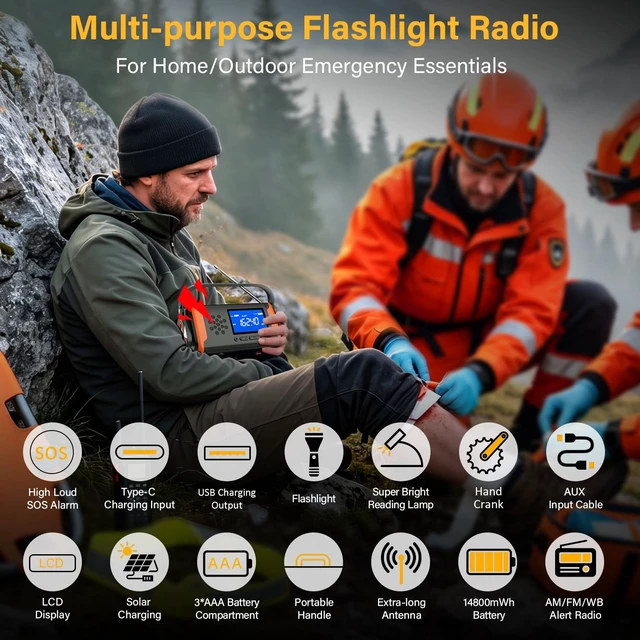 Alt view image 4 of 7 - NOAA Weather Alert Radio Digital Display, Emergency Radio Better Reception | 4000mAh Solar Crank Battery Powered Radio, AUX Input, SOS Alarm, Reading Light & Flashlight for Emergency Preparedness Kit