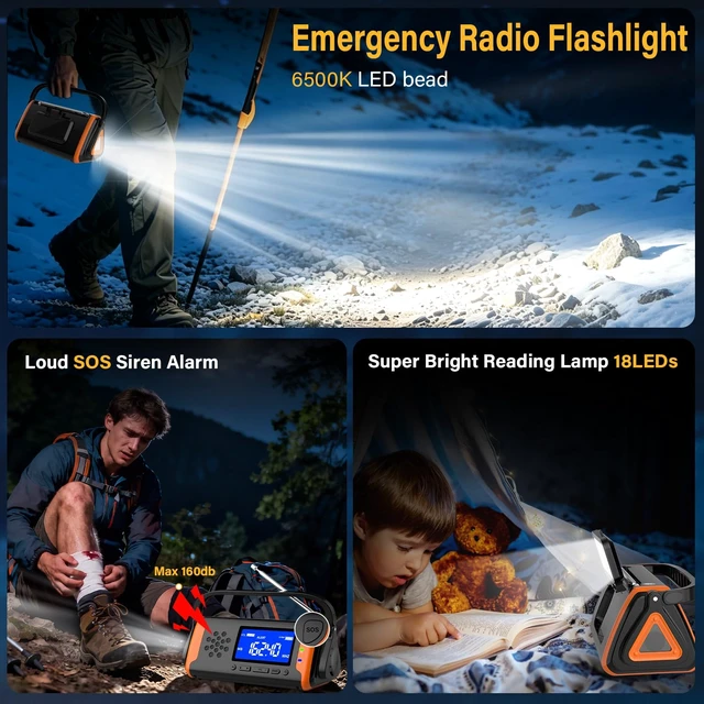 Alt view image 5 of 7 - NOAA Weather Alert Radio Digital Display, Emergency Radio Better Reception | 4000mAh Solar Crank Battery Powered Radio, AUX Input, SOS Alarm, Reading Light & Flashlight for Emergency Preparedness Kit