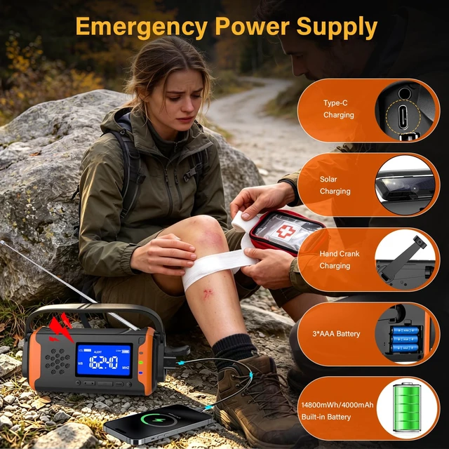 Alt view image 6 of 7 - NOAA Weather Alert Radio Digital Display, Emergency Radio Better Reception | 4000mAh Solar Crank Battery Powered Radio, AUX Input, SOS Alarm, Reading Light & Flashlight for Emergency Preparedness Kit