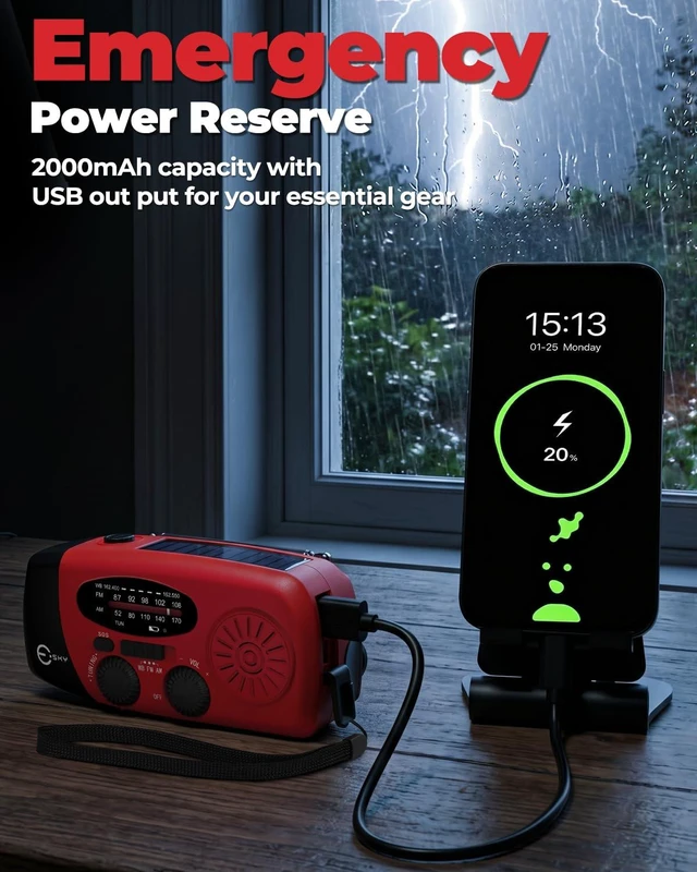 Alt view image 4 of 7 - Emergency Hand Crank Radio 7400mWh with 3 LED Flashlight, AM/FM/NOAA Portable Weather Radio with Built-in 2000mAh Battery, Solar Powered Radio for Indoor Outdoor Survival Camping, SOS Alarm