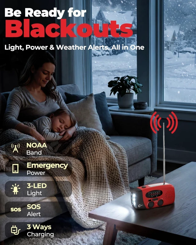 Alt view image 2 of 7 - Emergency Hand Crank Radio 7400mWh with 3 LED Flashlight, AM/FM/NOAA Portable Weather Radio with Built-in 2000mAh Battery, Solar Powered Radio for Indoor Outdoor Survival Camping, SOS Alarm