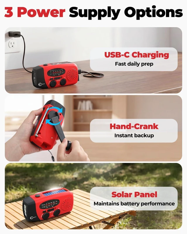 Alt view image 7 of 7 - Emergency Hand Crank Radio 7400mWh with 3 LED Flashlight, AM/FM/NOAA Portable Weather Radio with Built-in 2000mAh Battery, Solar Powered Radio for Indoor Outdoor Survival Camping, SOS Alarm