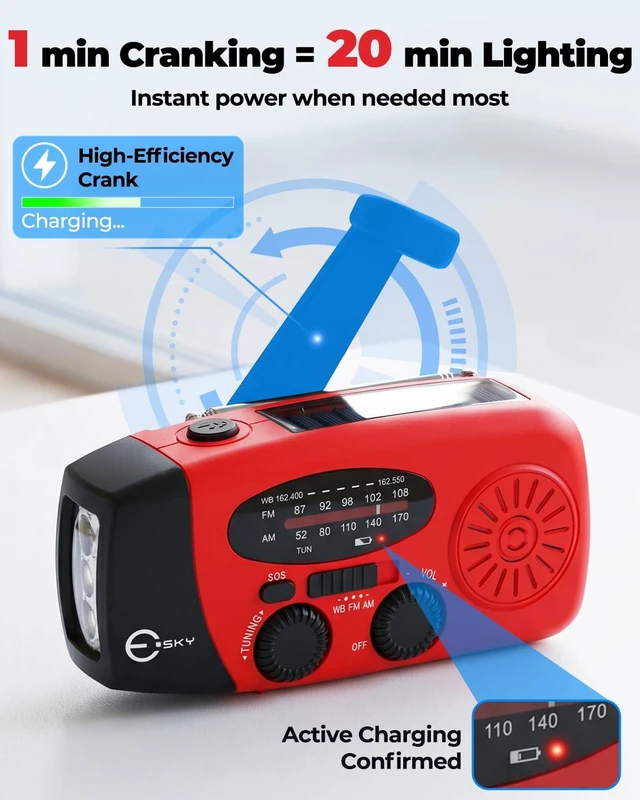 Alt view image 6 of 7 - Emergency Hand Crank Radio 7400mWh with 3 LED Flashlight, AM/FM/NOAA Portable Weather Radio with Built-in 2000mAh Battery, Solar Powered Radio for Indoor Outdoor Survival Camping, SOS Alarm