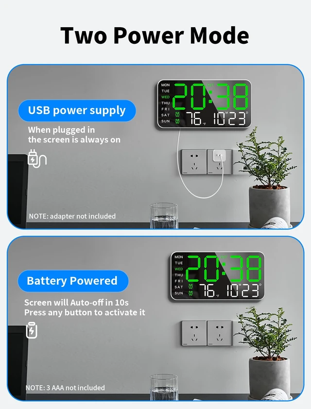 Alt view image 5 of 7 - 8.4" Digital Clock, Desk Alarm Clock with Big Digits, 5-Level Dimming | Plug-in,Alarm, Date, Temperature, DST,Modern decor,Ideal for desk, bedroom, living room,Great gift for youth & seniors, Green