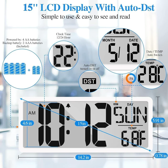 Alt view image 4 of 7 - Large Digital Wall Clock 15.1 Inch Alarm Clock for Bedroom Wall Clocks Battery Operated Digital Clock Large Display with Temperature Desk Clocks for Office Living Room Decor