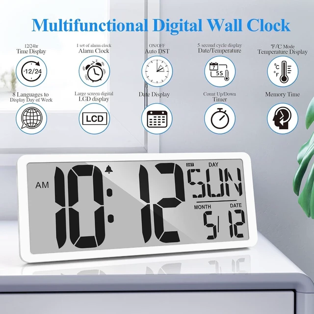 Alt view image 3 of 7 - Large Digital Wall Clock 15.1 Inch Alarm Clock for Bedroom Wall Clocks Battery Operated Digital Clock Large Display with Temperature Desk Clocks for Office Living Room Decor