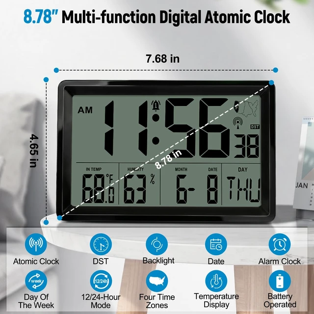 Alt view image 2 of 7 - Atomic Clock with Indoor Temp & Humidity,Atomic Wall Clock 8.78 Inch Self-Setting, Digital Clock Large Display with Auto DST & 4 Time Zones for Home Office Bedroom
