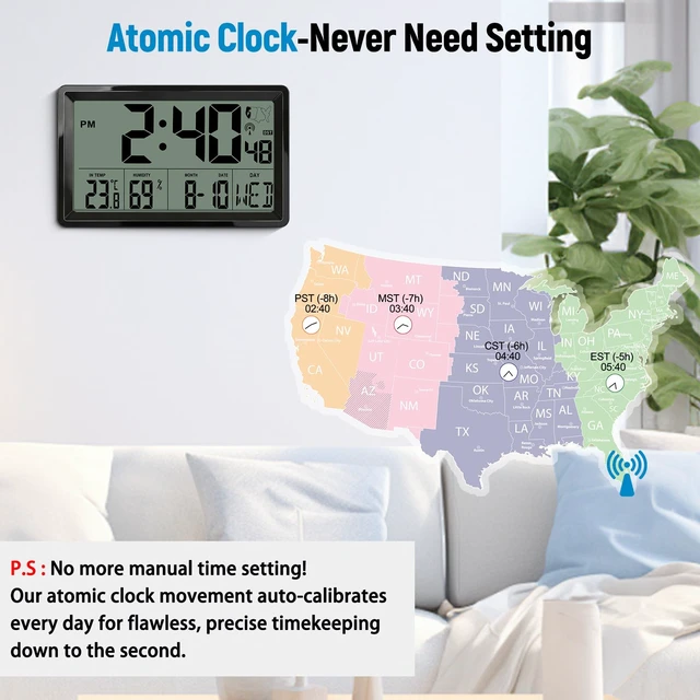 Alt view image 3 of 7 - Atomic Clock with Indoor Temp & Humidity,Atomic Wall Clock 8.78 Inch Self-Setting, Digital Clock Large Display with Auto DST & 4 Time Zones for Home Office Bedroom
