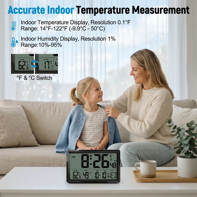 Alt view image 4 of 7 - Atomic Clock with Indoor Temp & Humidity,Atomic Wall Clock 8.78 Inch Self-Setting, Digital Clock Large Display with Auto DST & 4 Time Zones for Home Office Bedroom