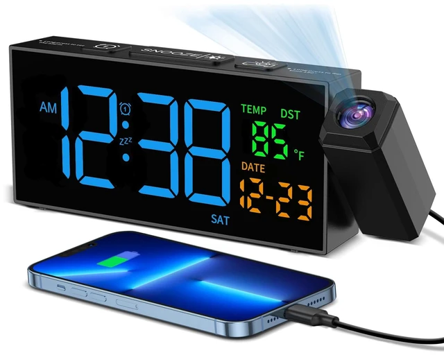 Main image of Projection Clock for Bedroom Ceiling, Digital Clocks with 180° Rotatable Projector, Date Temperature and Weekday Blue