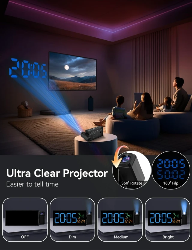 Alt view image 2 of 7 - Projection Clock for Bedroom Ceiling, Digital Clocks with 180° Rotatable Projector, Date Temperature and Weekday Blue