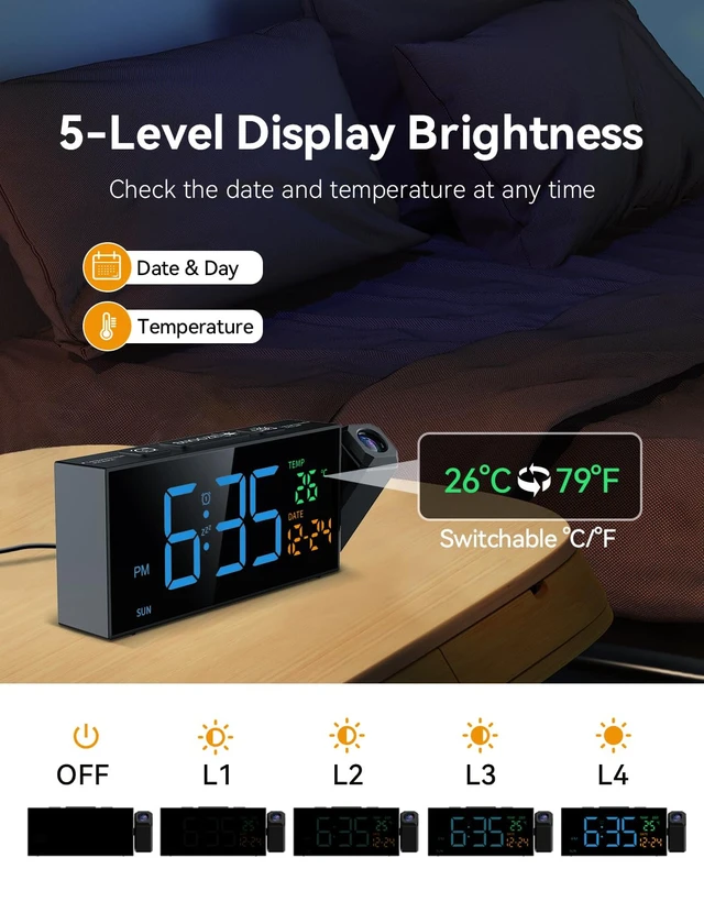 Alt view image 4 of 7 - Projection Clock for Bedroom Ceiling, Digital Clocks with 180° Rotatable Projector, Date Temperature and Weekday Blue