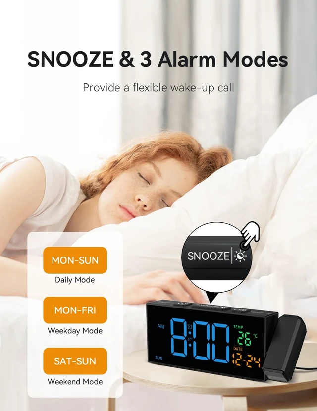 Alt view image 5 of 7 - Projection Clock for Bedroom Ceiling, Digital Clocks with 180° Rotatable Projector, Date Temperature and Weekday Blue