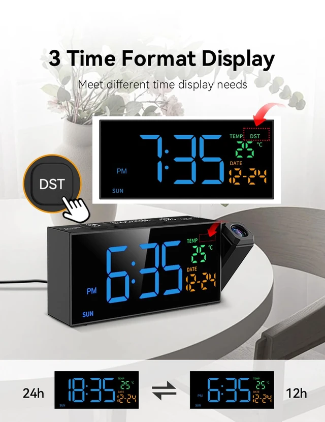 Alt view image 6 of 7 - Projection Clock for Bedroom Ceiling, Digital Clocks with 180° Rotatable Projector, Date Temperature and Weekday Blue