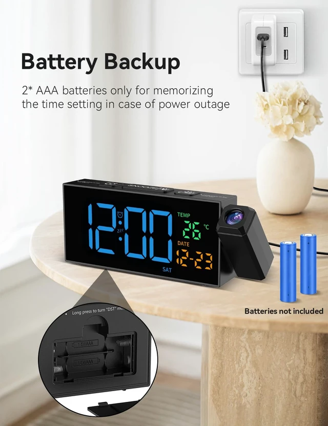 Alt view image 7 of 7 - Projection Clock for Bedroom Ceiling, Digital Clocks with 180° Rotatable Projector, Date Temperature and Weekday Blue