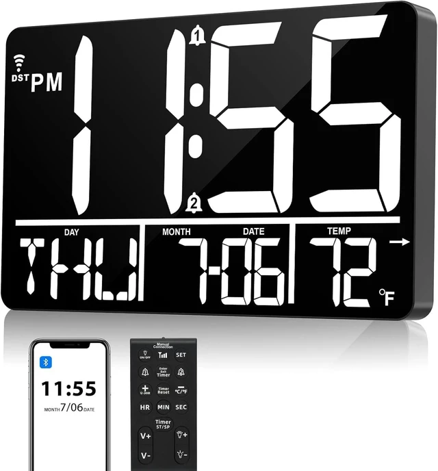 Main image of 13" Bluetooth Auto Sync Wall Clock - Large Digital Alarm Clock with Remote | 25 Ringtones, Dual Alarm, Adjustable Brightness, 12/24H, Auto DST, for Living Room, Kitchen, Office, Elderly