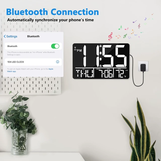 Alt view image 2 of 7 - 13" Bluetooth Auto Sync Wall Clock - Large Digital Alarm Clock with Remote | 25 Ringtones, Dual Alarm, Adjustable Brightness, 12/24H, Auto DST, for Living Room, Kitchen, Office, Elderly