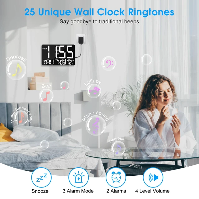 Alt view image 3 of 7 - 13" Bluetooth Auto Sync Wall Clock - Large Digital Alarm Clock with Remote | 25 Ringtones, Dual Alarm, Adjustable Brightness, 12/24H, Auto DST, for Living Room, Kitchen, Office, Elderly