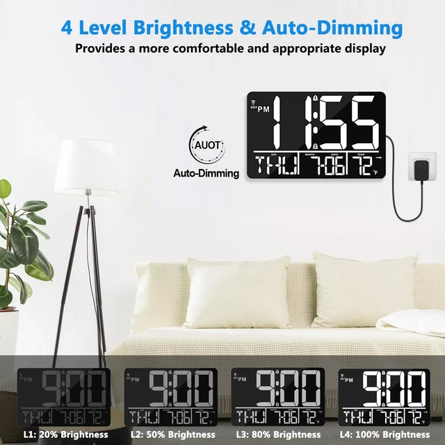 Alt view image 4 of 7 - 13" Bluetooth Auto Sync Wall Clock - Large Digital Alarm Clock with Remote | 25 Ringtones, Dual Alarm, Adjustable Brightness, 12/24H, Auto DST, for Living Room, Kitchen, Office, Elderly