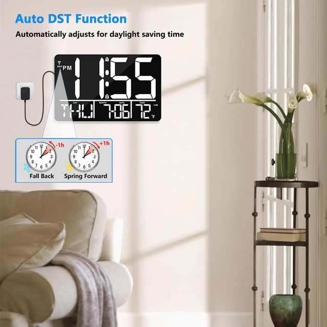Alt view image 5 of 7 - 13" Bluetooth Auto Sync Wall Clock - Large Digital Alarm Clock with Remote | 25 Ringtones, Dual Alarm, Adjustable Brightness, 12/24H, Auto DST, for Living Room, Kitchen, Office, Elderly