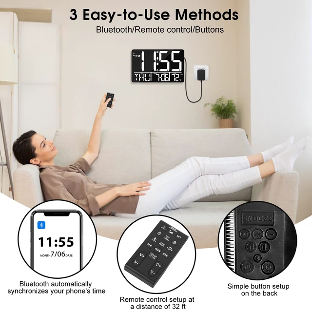 Alt view image 7 of 7 - 13" Bluetooth Auto Sync Wall Clock - Large Digital Alarm Clock with Remote | 25 Ringtones, Dual Alarm, Adjustable Brightness, 12/24H, Auto DST, for Living Room, Kitchen, Office, Elderly