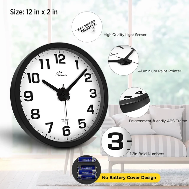 Alt view image 4 of 7 - Night Light Wall Clock for Bedroom, 12 Inch | Silent, Lighted up Glow in the Dark, Battery Operated, Easy to Read Large Digital Display