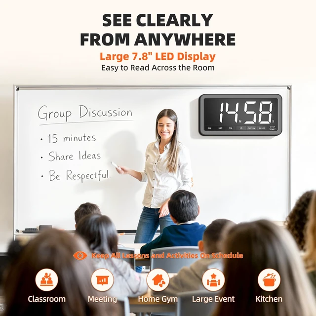 Alt view image 2 of 7 - Large 7.8" Digital Timer, Magnetic LED Timer for Kitchen & Classroom | USB-C Rechargeable, Up to 99 Hours Count Up & Countdown Timer with 3 Brightness Levels, 4 Alert Modes and 3 Volume Levels