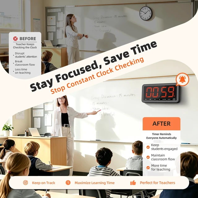 Alt view image 3 of 7 - Large 7.8" Digital Timer, Magnetic LED Timer for Kitchen & Classroom | USB-C Rechargeable, Up to 99 Hours Count Up & Countdown Timer with 3 Brightness Levels, 4 Alert Modes and 3 Volume Levels