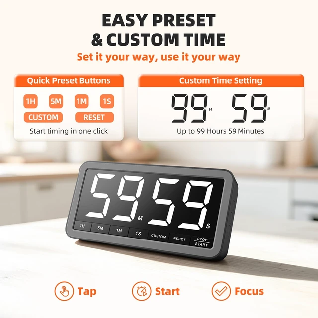 Alt view image 5 of 7 - Large 7.8" Digital Timer, Magnetic LED Timer for Kitchen & Classroom | USB-C Rechargeable, Up to 99 Hours Count Up & Countdown Timer with 3 Brightness Levels, 4 Alert Modes and 3 Volume Levels