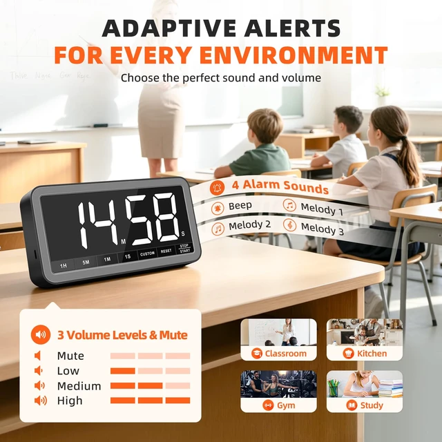 Alt view image 6 of 7 - Large 7.8" Digital Timer, Magnetic LED Timer for Kitchen & Classroom | USB-C Rechargeable, Up to 99 Hours Count Up & Countdown Timer with 3 Brightness Levels, 4 Alert Modes and 3 Volume Levels
