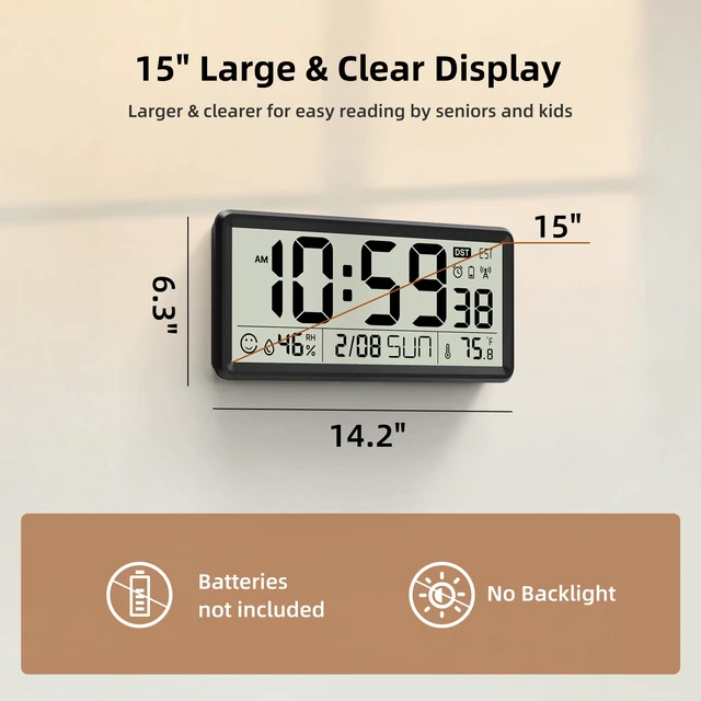 Alt view image 2 of 7 - 15'' Large Digital Atomic Wall Clock Battery Operated, Auto DST | Indoor Temperature and Humidity, Large Display, for Living Room/Office,(Battery Not Included,No Backlight,Only for DST Areas)