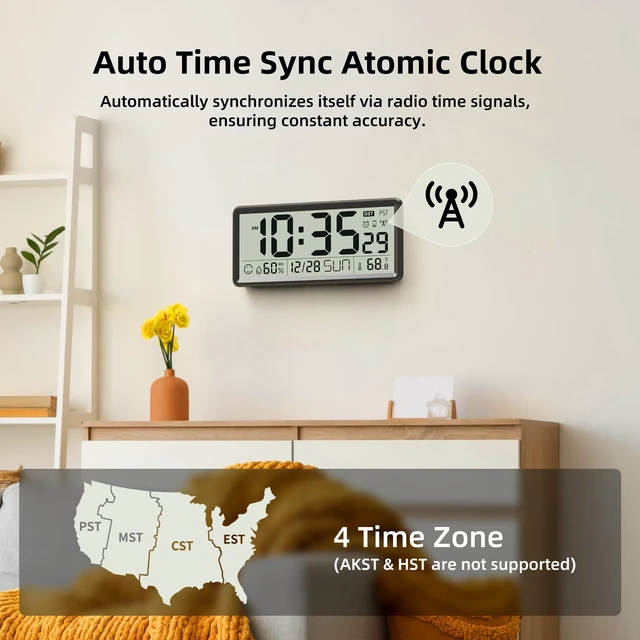 Alt view image 3 of 7 - 15'' Large Digital Atomic Wall Clock Battery Operated, Auto DST | Indoor Temperature and Humidity, Large Display, for Living Room/Office,(Battery Not Included,No Backlight,Only for DST Areas)