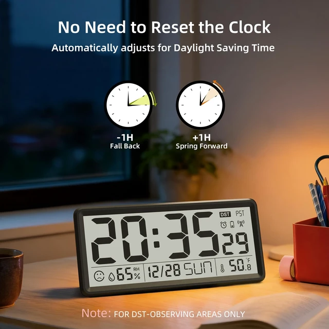 Alt view image 5 of 7 - 15'' Large Digital Atomic Wall Clock Battery Operated, Auto DST | Indoor Temperature and Humidity, Large Display, for Living Room/Office,(Battery Not Included,No Backlight,Only for DST Areas)