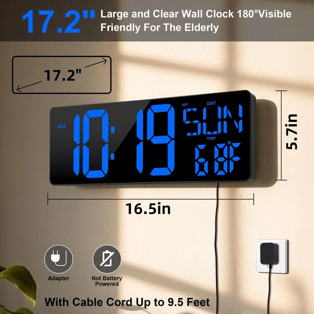 Alt view image 2 of 7 - 17.2"Large Digital Wall Clock Large Display with Remote Control 180°Visible | Timer with Temperature Date Week Auto DST Adjustable Brightness,for Living Room Classroom Garage Gift for Senior Mom Dad