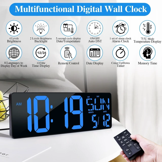 Alt view image 3 of 7 - 17.2"Large Digital Wall Clock Large Display with Remote Control 180°Visible | Timer with Temperature Date Week Auto DST Adjustable Brightness,for Living Room Classroom Garage Gift for Senior Mom Dad