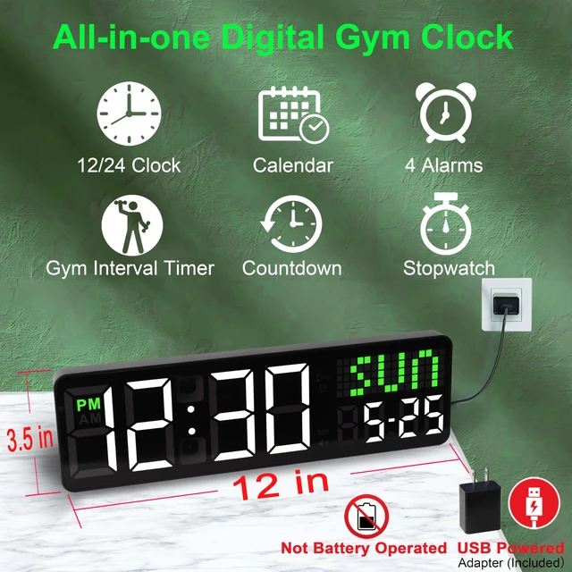 Alt view image 2 of 6 - 12" Digital Gym Clock with Seconds, Workout Timer for Home Gym | Voice Prompt Interval Timer, 4 Training Alarms, Remote Control, HIIT countdown clock, for home gym, garage, classroom, office