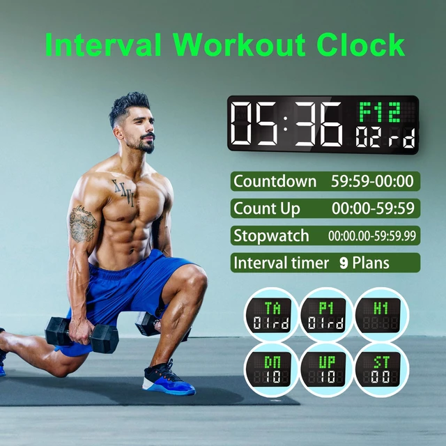 Alt view image 6 of 6 - 12" Digital Gym Clock with Seconds, Workout Timer for Home Gym | Voice Prompt Interval Timer, 4 Training Alarms, Remote Control, HIIT countdown clock, for home gym, garage, classroom, office