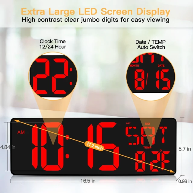 Alt view image 2 of 7 - 17.2 Inch Large Digital Wall Clock with Remote Control | LED Large Display Count Up & Down Timer, Adjustable Brightness Plug-in Alarm Clock with Temperature for Home, Office, Gym
