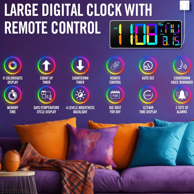 Alt view image 2 of 7 - Large 13.7" LED Digital Timer5''Nunmber, 11 Color Changing, Count Up/Down Timer with Remote Control, Adjustable Brightness Wall Clock for Home, Office, Gym, Elderly, Auto DST