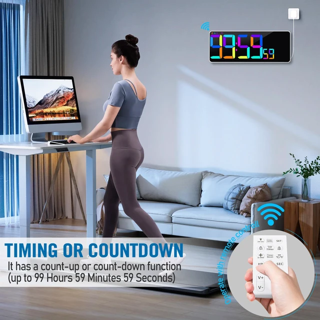 Alt view image 3 of 7 - Large 13.7" LED Digital Timer5''Nunmber, 11 Color Changing, Count Up/Down Timer with Remote Control, Adjustable Brightness Wall Clock for Home, Office, Gym, Elderly, Auto DST