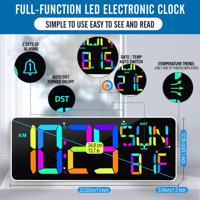Alt view image 5 of 7 - Large 13.7" LED Digital Timer5''Nunmber, 11 Color Changing, Count Up/Down Timer with Remote Control, Adjustable Brightness Wall Clock for Home, Office, Gym, Elderly, Auto DST