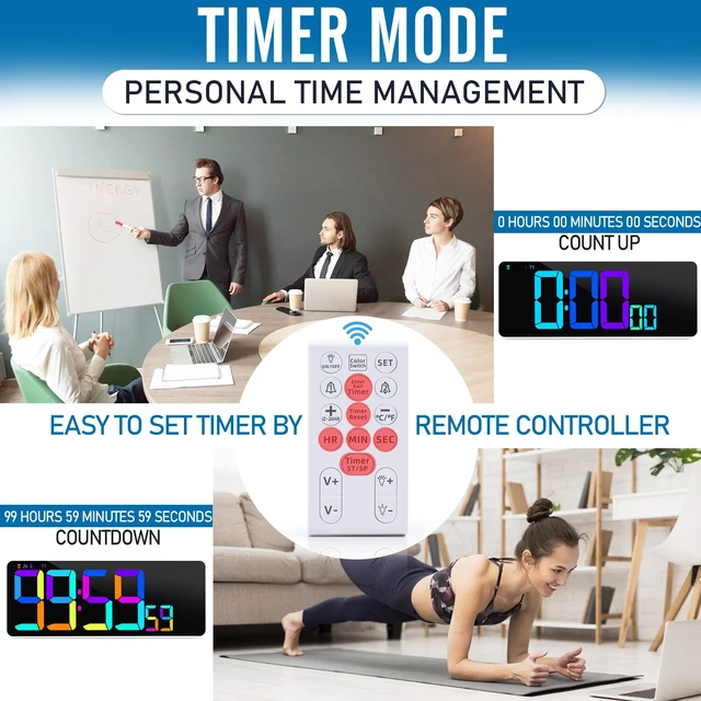 Alt view image 4 of 7 - Large 13.7" LED Digital Timer5''Nunmber, 11 Color Changing, Count Up/Down Timer with Remote Control, Adjustable Brightness Wall Clock for Home, Office, Gym, Elderly, Auto DST