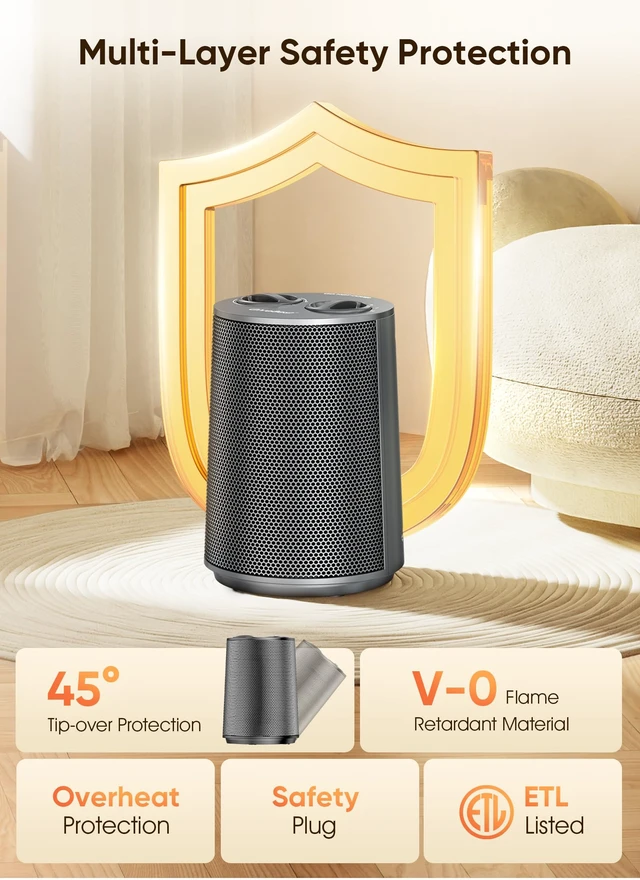 Alt view image 5 of 7 - Space Heater, 1500W Portable Heaters for Indoor Use | PTC Ceramic Heater, Heating and Fan Modes, Overheat & Tip-Over Protection for Bedroom, Office and Desk, Grey